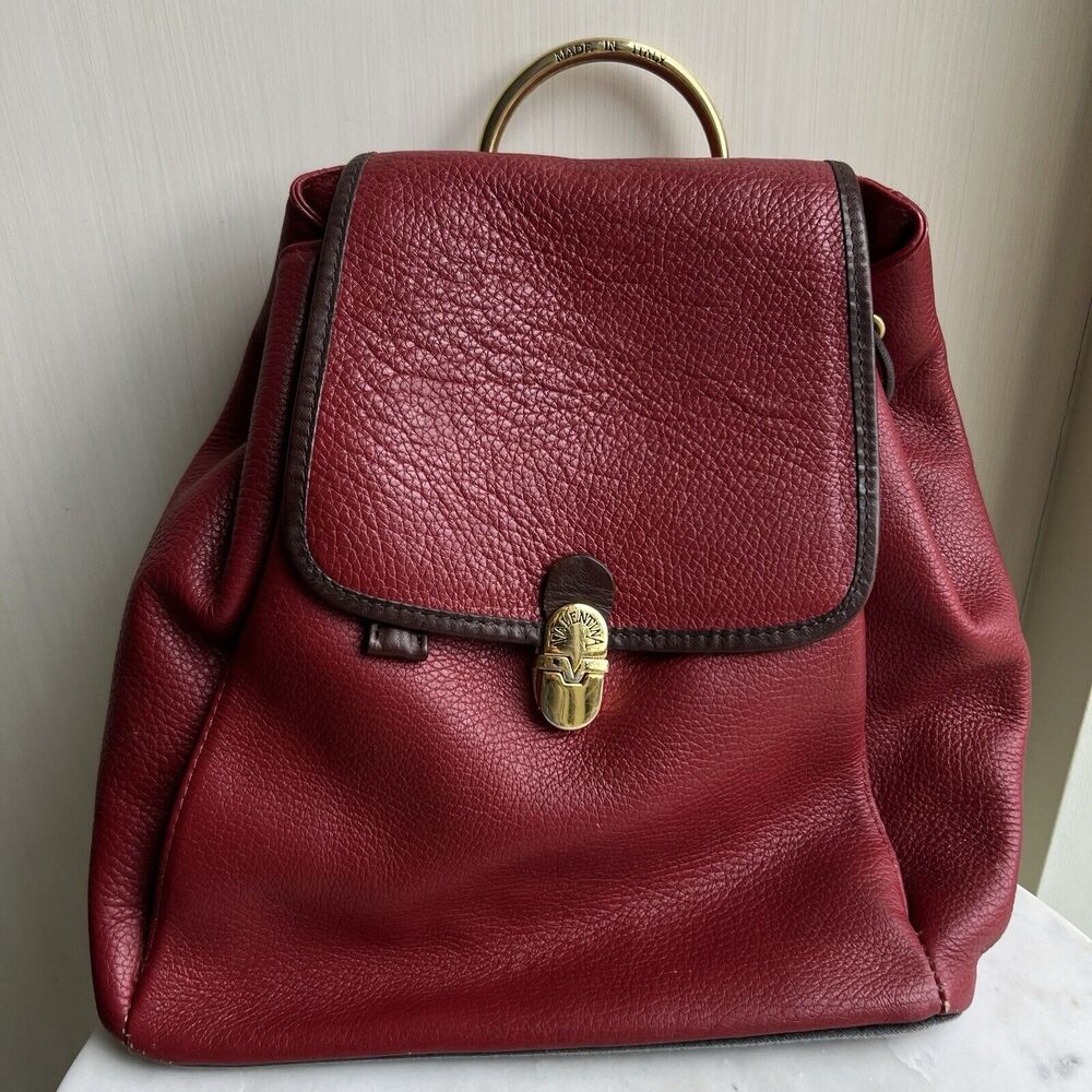 VALENTINA Made In ITALY Red Gold Leather Done Ring Handle/Backpack Handbag Purse
